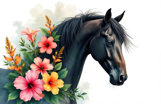 Black horse head adorned with vibrant tropical hibiscus flowers. Rich green leaves surround elegant equine. Illustration combines natural beauty with floral elements for artistic appeal. Horse,
