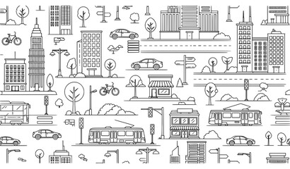Naklejka premium Modern urban city outline illustration set with transport and shops