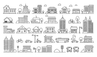 Minimal city landscape line icon set with urban transport elements © Crafts Home