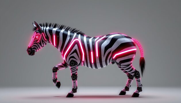 A striking visual of a zebra like figure, characterized by its distinctive black and white stripes and pink mane, standing against a neutral backdrop
