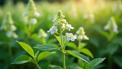 Stevia plant blossoms with small white flowers in a sunny green field. Leaves and stems visible, focus on bloom. Natural sweetener herb grows wild.