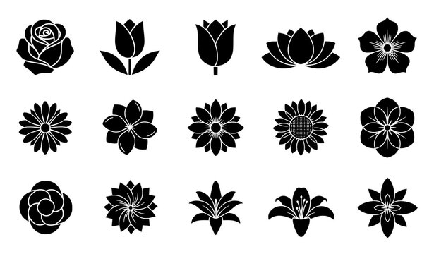 Black flower vector icon set with minimalist floral silhouette shapes