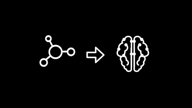 A molecular structure pointing toward a human brain represents the field of neurochemistry or the scientific research of how chemical compounds influence mental health and brain function