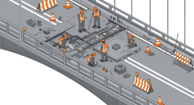 Isometric illustration of construction workers repairing a bridge road surface, using safety equipment. Useful for infographics, presentations, and construction-themed content.