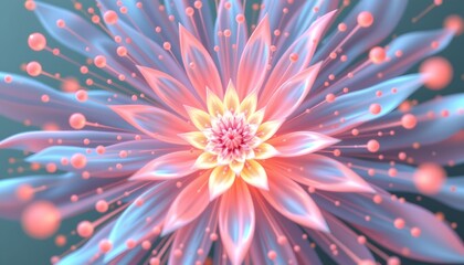 Obraz premium A close up view of a vibrant flower with numerous delicate petals radiating from a central point, each petal adorned with tiny droplets