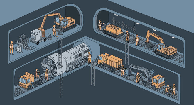 Isometric illustration depicting tunnel construction with excavators, workers, and the boring machine. Ideal for engineering, infrastructure, city planning, and architectural design projects.