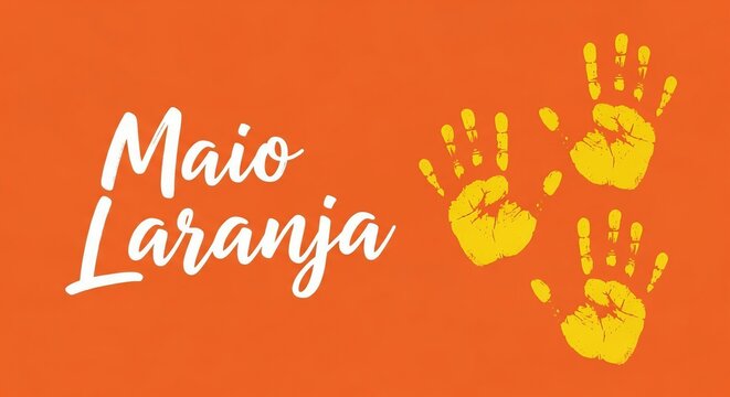 A vibrant orange background features yellow handprints and the text Maio Laranja in white