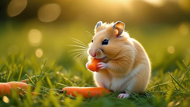 A cute furry Hamster sitting in the grass eating a nut while looking close up at the camera