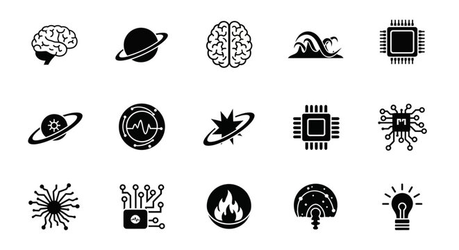 Black icons of technology and science.