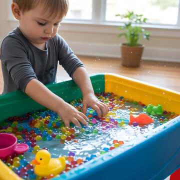 Toddler Playing in Colorful Sensory Water Table with Gel Beads and Rubber Duck Toys