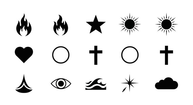 Black icons of various symbols.