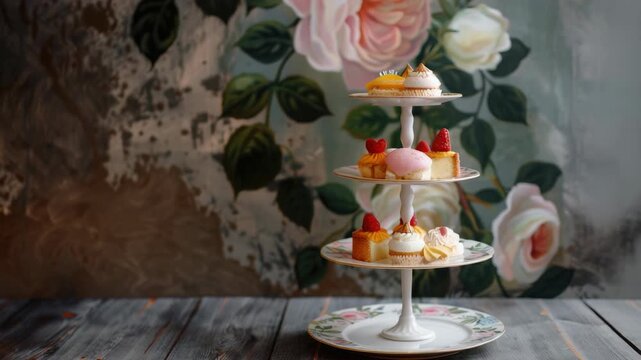A three-tiered serving stand filled with delectable pastries and desserts, sitting on a wooden table.