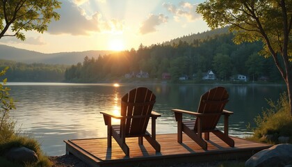 Fototapeta premium Two empty wooden chairs on a dock face calm lake at sunset. Forested hills and distant homes form scenic backdrop. Peaceful waterside retreat setting.
