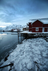 frozen sea at the village of Kabelvag in the Lofoten Islands in winter