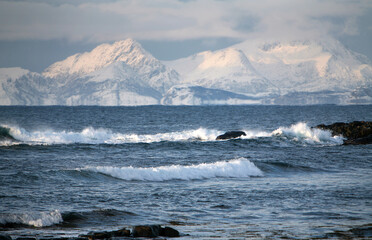 Coast in Laukvik, Nordland, Lofoten in winter. The fishing village is located along the Norwegian Sea on the northwestern shore of the island of Austvagoya