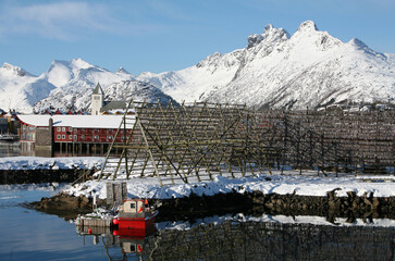 Drying rack for stockfish in the village of Svolvaer in the Lofoten Islands