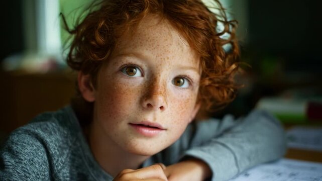 Captivating Expressions: A Young Boy with Freckles and Curly Red Hair Contemplates Life, Showcasing Wonder and Curiosity in His Thoughtful Gaze