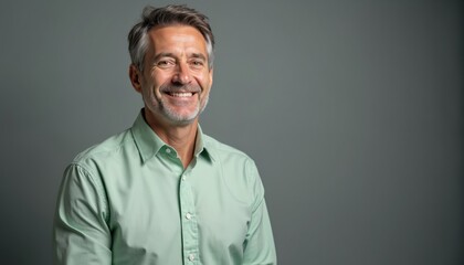 Fototapeta premium Smiling middle-aged man in light green shirt stands on gray backdrop. Mature male has friendly expression, short beard, and graying hair. He looks approachable, trustworthy, and confident.