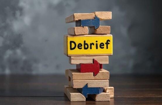 Wooden blocks stack spelling debrief with red and blue arrows indicating direction. Focus on information review and analysis for project completion.