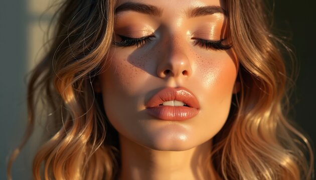 Woman with long wavy hair and full glam makeup. She has long mink lashes, full lips with gloss, and closed eyes. Sun light hits her face. She looks beautiful and peaceful.