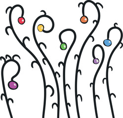 On the screen are vertical thin stems of plants with curled thorns and colorful fruits or berries.