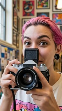 A young Caucasian woman with pink hair and facial piercings smiling while holding a vintage film camera in an art gallery or school hallway with colorful paintings on the wall.