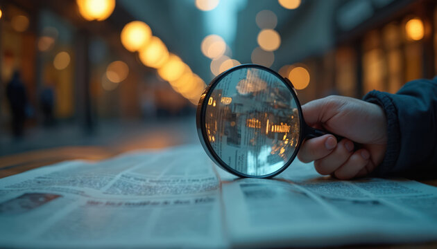 Hand holds magnifying glass over newspaper text. Focus on detail and information analysis. Close up view of person reading paper news with lens.