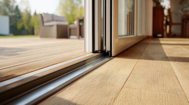 Close-up of a modern sliding glass door track and threshold connecting an indoor hardwood floor to an outdoor wooden deck terrace