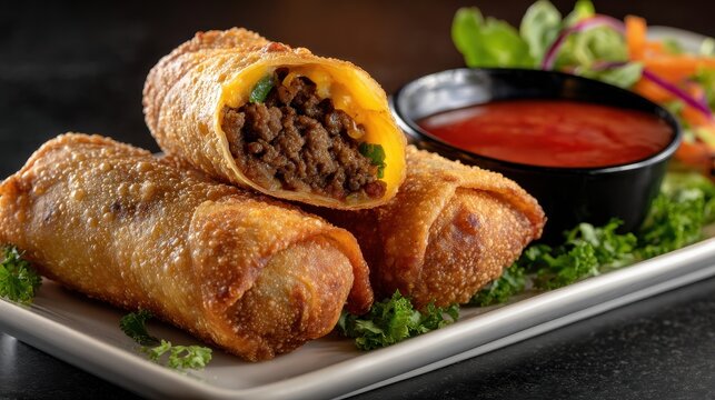 Crispy fried cheesesteak egg rolls filled with seasoned ground beef and melted cheese, served with a red dipping sauce and side salad