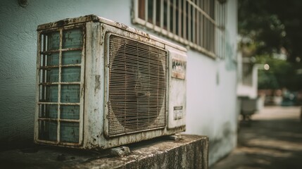 Old and rusty air conditioning condenser unit outdoors on a concrete ledge
