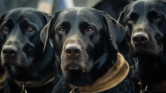 A close-up of three wet black dogs with amber eyes, looking directly at the camera, with a blurred background.