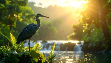 Heron Standing Near Waterfall at Sunset.