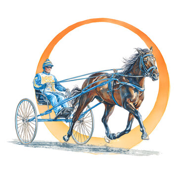  Trotting horse and driver competing in harness sport, pulling a sulky with a dynamic orange arc