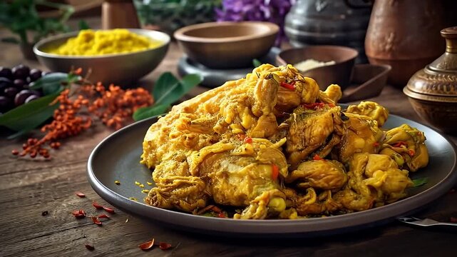 A delicious serving of saffron chicken curry on a plate, surrounded by spices and herbs on a wooden table