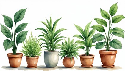 Obraz premium Collection of potted green houseplants and ferns on white background. Various leaves and terracotta pots shown in watercolor style. Natural home decor illustration.