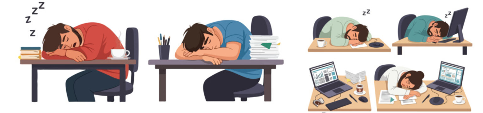 Flat vector illustration set of tired office workers sleeping at their desks in a modern cartoon style.