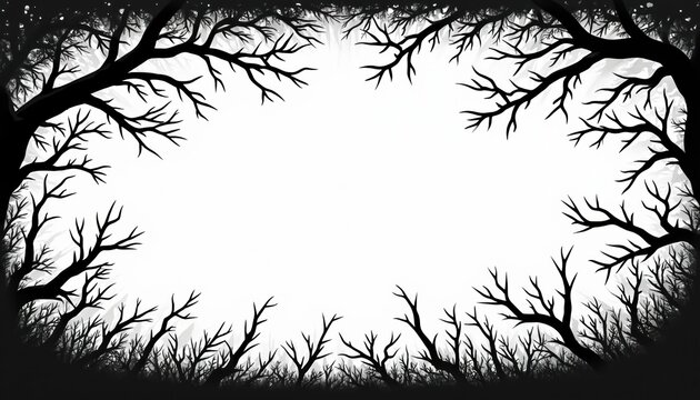 Black silhouette of bare thorny tree branches, grass creates stark graphic border. Minimalist design frames white empty space perfect for text subjects. Offers vintage spooky natural artistic feel.