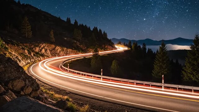 Time-lapse of car light trails on a winding mountain road at night under a starry sky.