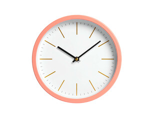 Coral-framed round clock with minimalist design against a black background