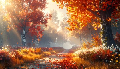 Autumn Forest Landscape with Vibrant Foliage and Sunlight.