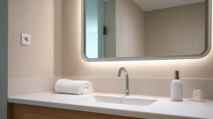 Modern Bathroom Sink with Clean Mirror and Fresh Towels for Relaxing Retreat