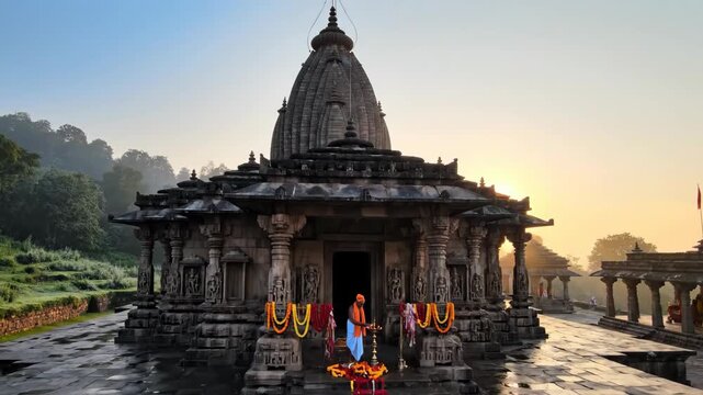 Hindu temple during sunrise with devotees performing prayer rituals, temple festival celebrations include offerings and decorations, concept of religious devotion and spirituality.