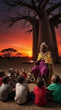 An elderly African man in traditional clothing telling stories to a group of young children under a large baobab tree at sunset in the savanna.