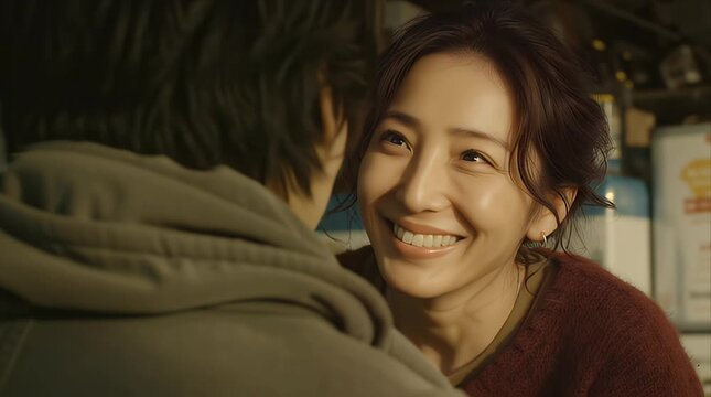 暖かな光の中で誰かと話す笑顔の女性の親密なポートレート