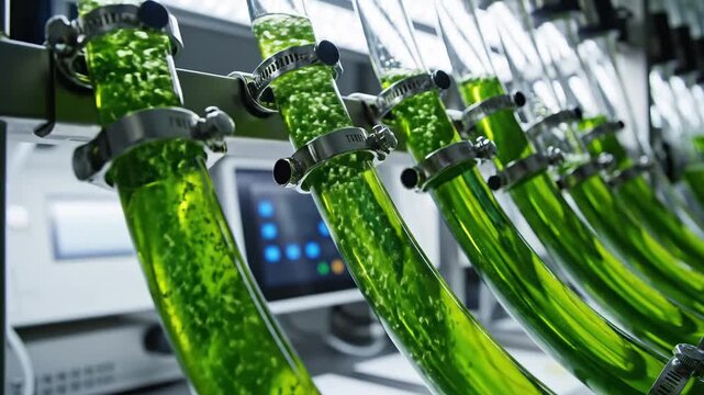 Cinematic close-up of vibrant green microalgae growing in photobioreactor glass tubes with bubbles, representing biotechnology research, renewable energy, and sustainable biofuel production.