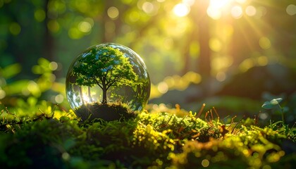 Glass Sphere with Tree in Forest.