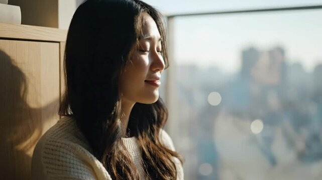 Serene Asian woman enjoying a quiet moment, sipping tea in bright sunlight, overlooking cityscape views, peaceful reflection