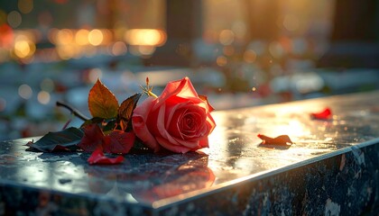 Single Red Rose on Grave Stone Memorial.
