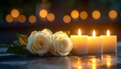 White Roses and Lit Candles on Table.
