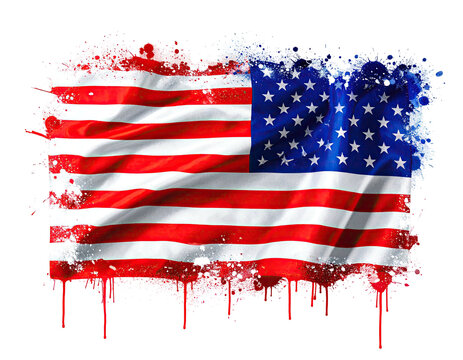Graphic rendering of the American flag with paint splatters and a flowing, artistic presentation